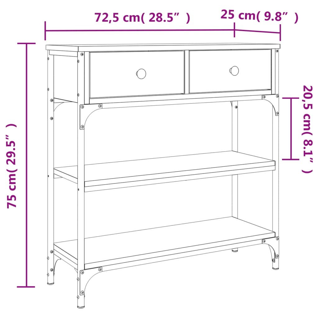 Konsollbord sonoma eik 72,5x25x75 cm konstruert tre