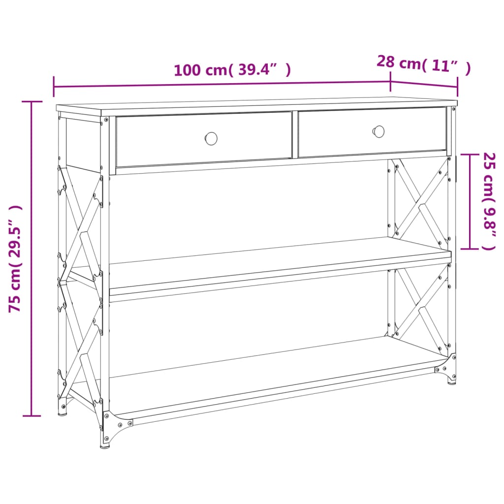 Konsollbord sonoma eik 100x28x75 cm konstruert tre