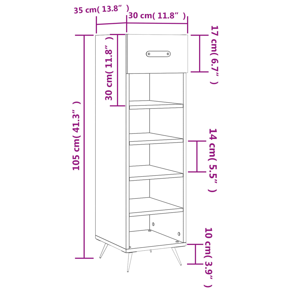 Skohylle hvit 30x35x105 cm konstruert tre