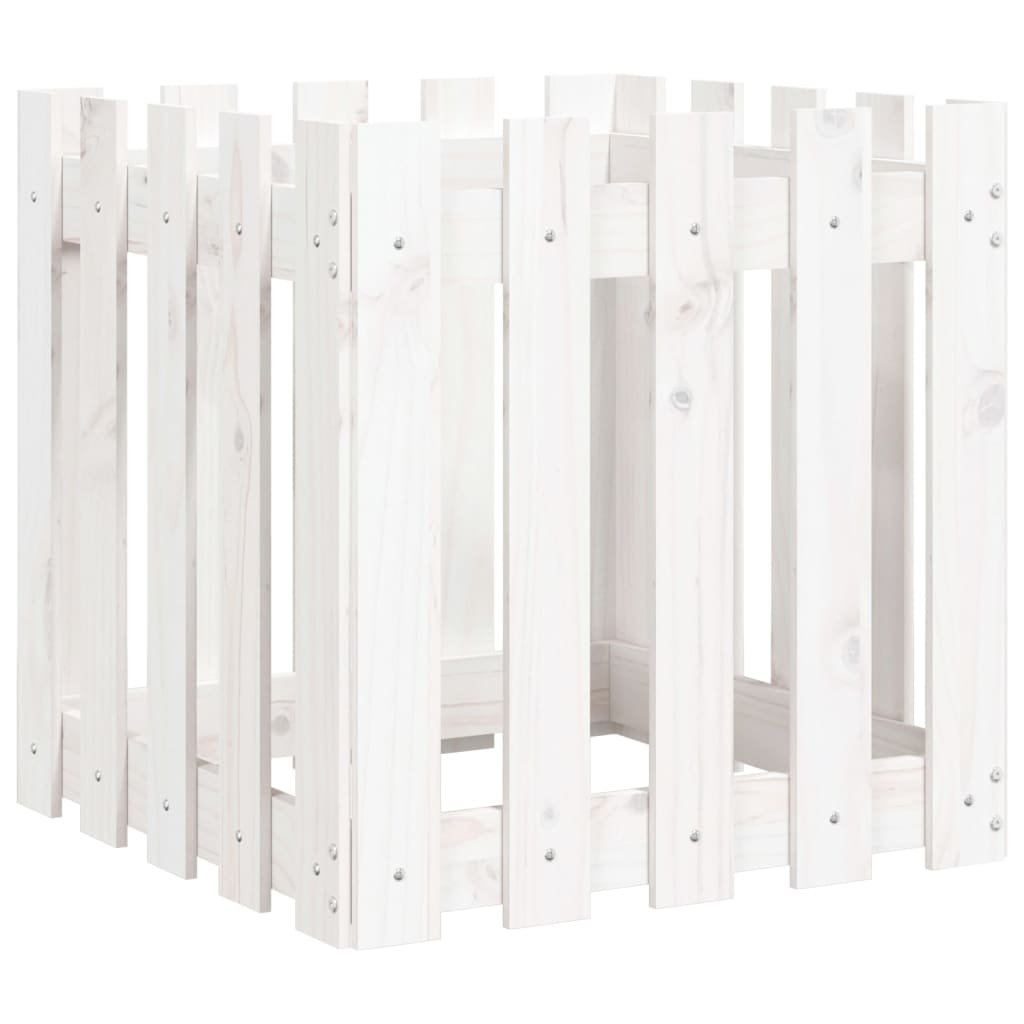 Plantekasse med gjerdedesign hvit 50x50x50 cm heltre furu