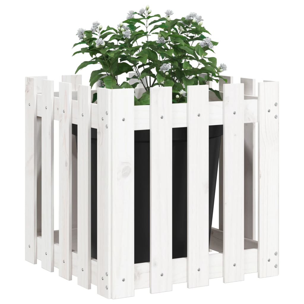 Plantekasse med gjerdedesign hvit 50x50x50 cm heltre furu