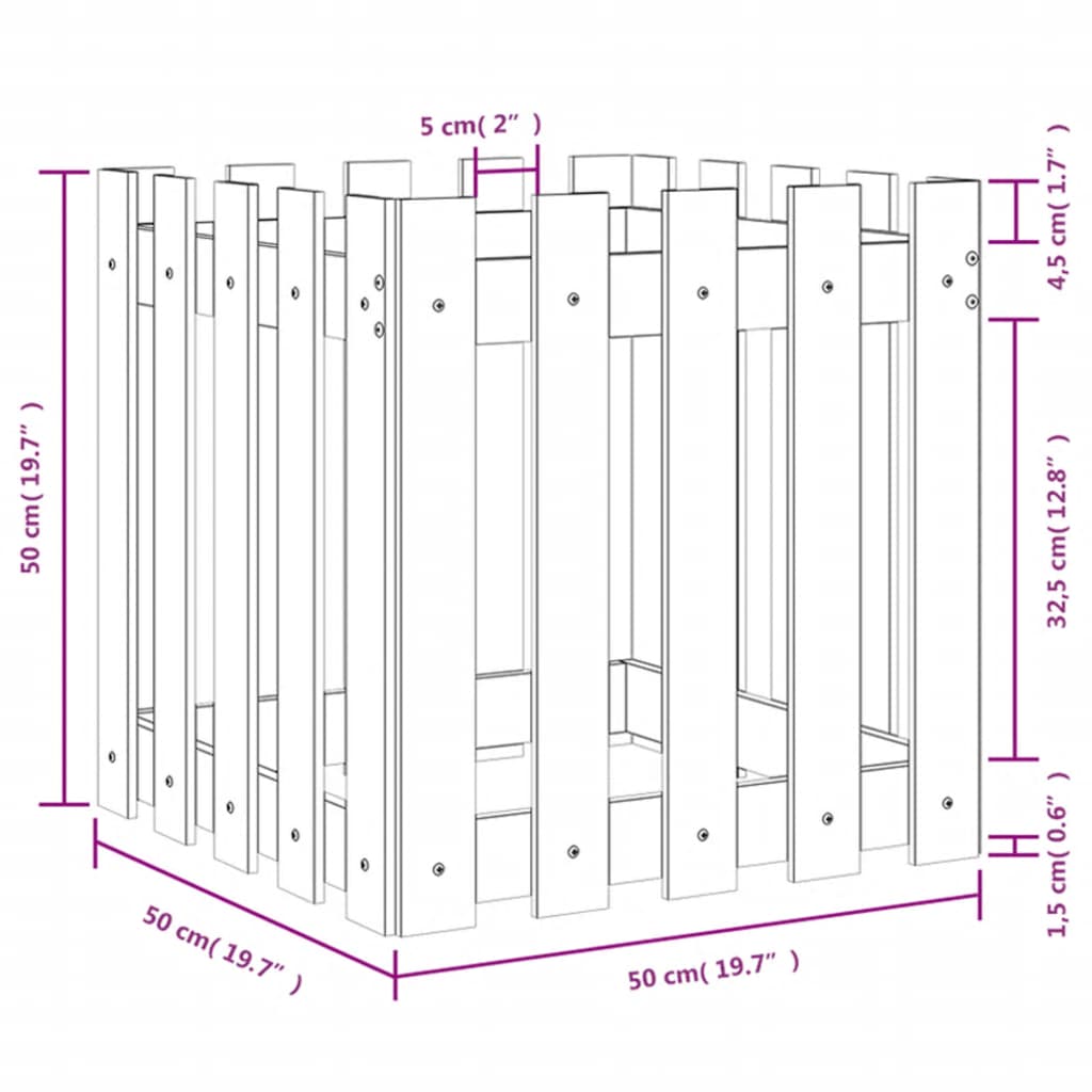 Plantekasse med gjerdedesign hvit 50x50x50 cm heltre furu