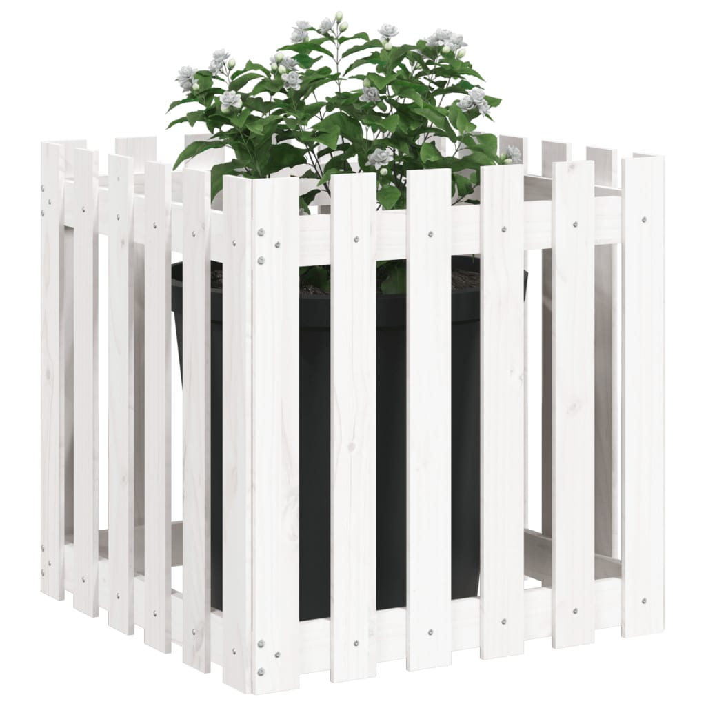 Plantekasse med gjerdedesign hvit 60x60x60 cm heltre furu
