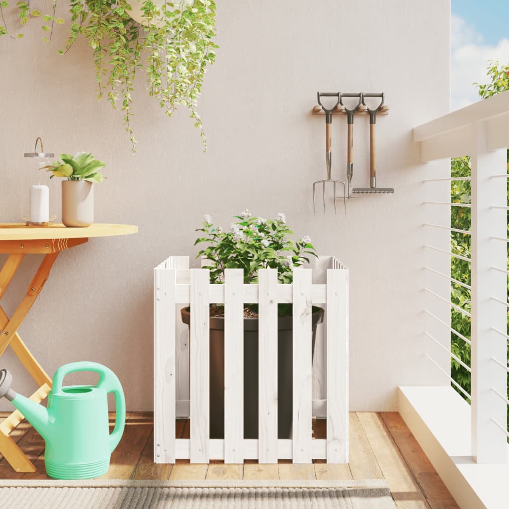 Plantekasse med gjerdedesign hvit 60x60x60 cm heltre furu