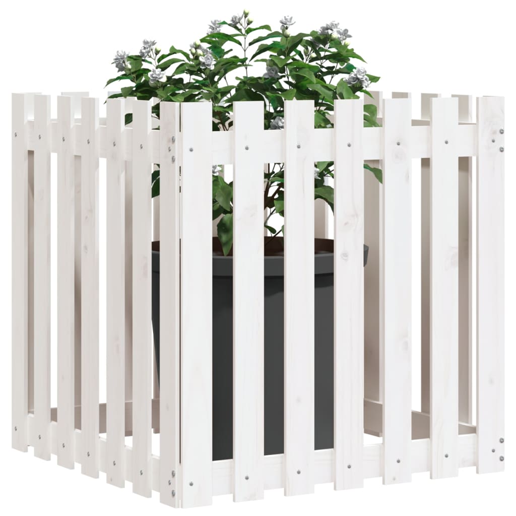 Plantekasse med gjerdedesign hvit 70x70x70 cm heltre furu