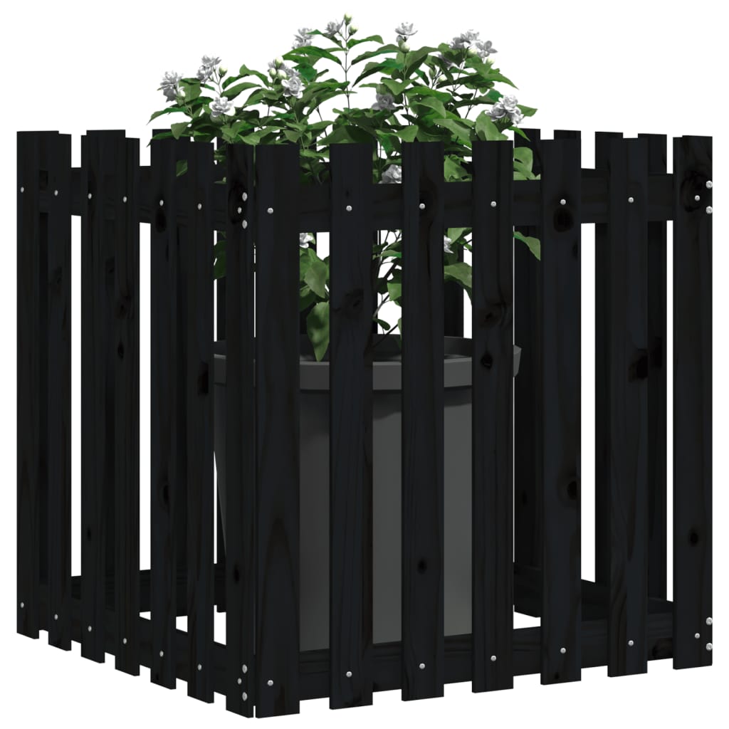 Plantekasse med gjerdedesign svart 70x70x70 cm heltre furu