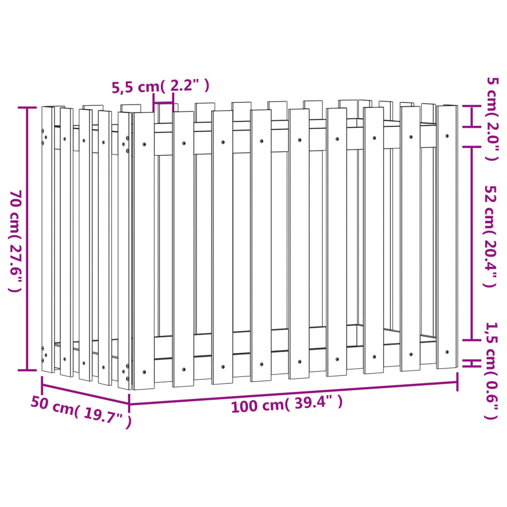 Høybed med gjerdedesign hvit 100x50x70 cm heltre furu