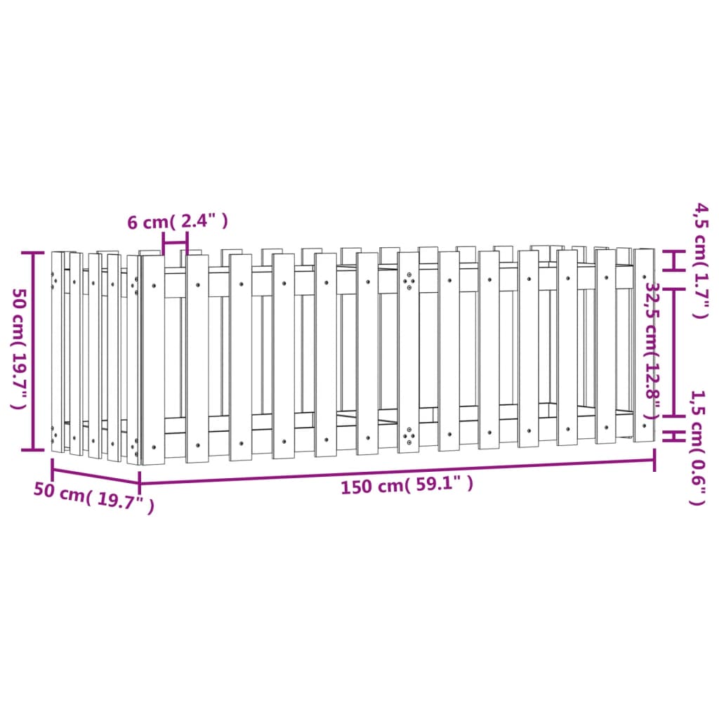 Høybed med gjerdedesign 150x50x50 cm heltre furu