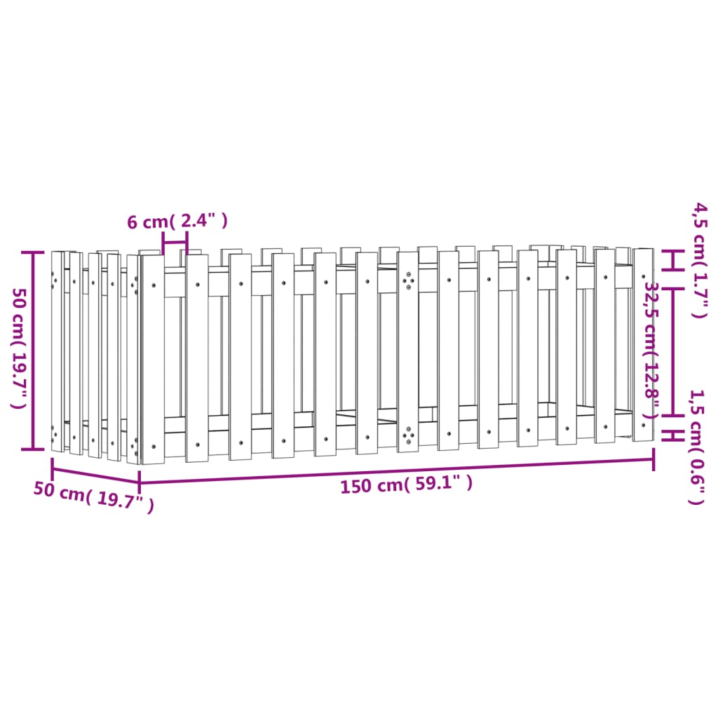 Høybed med gjerdedesign hvit 150x50x50 cm heltre furu