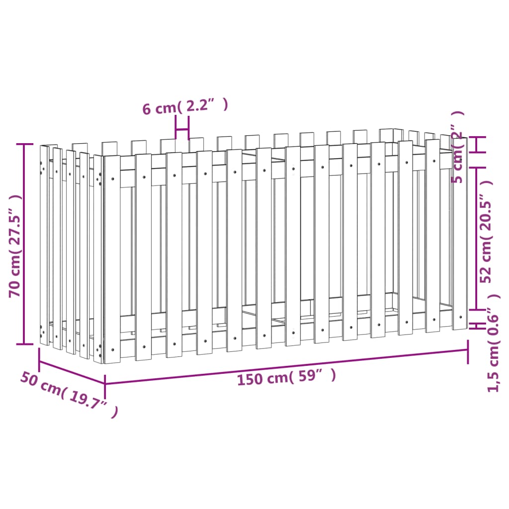 Høybed med gjerdedesign hvit 150x50x70 cm heltre furu