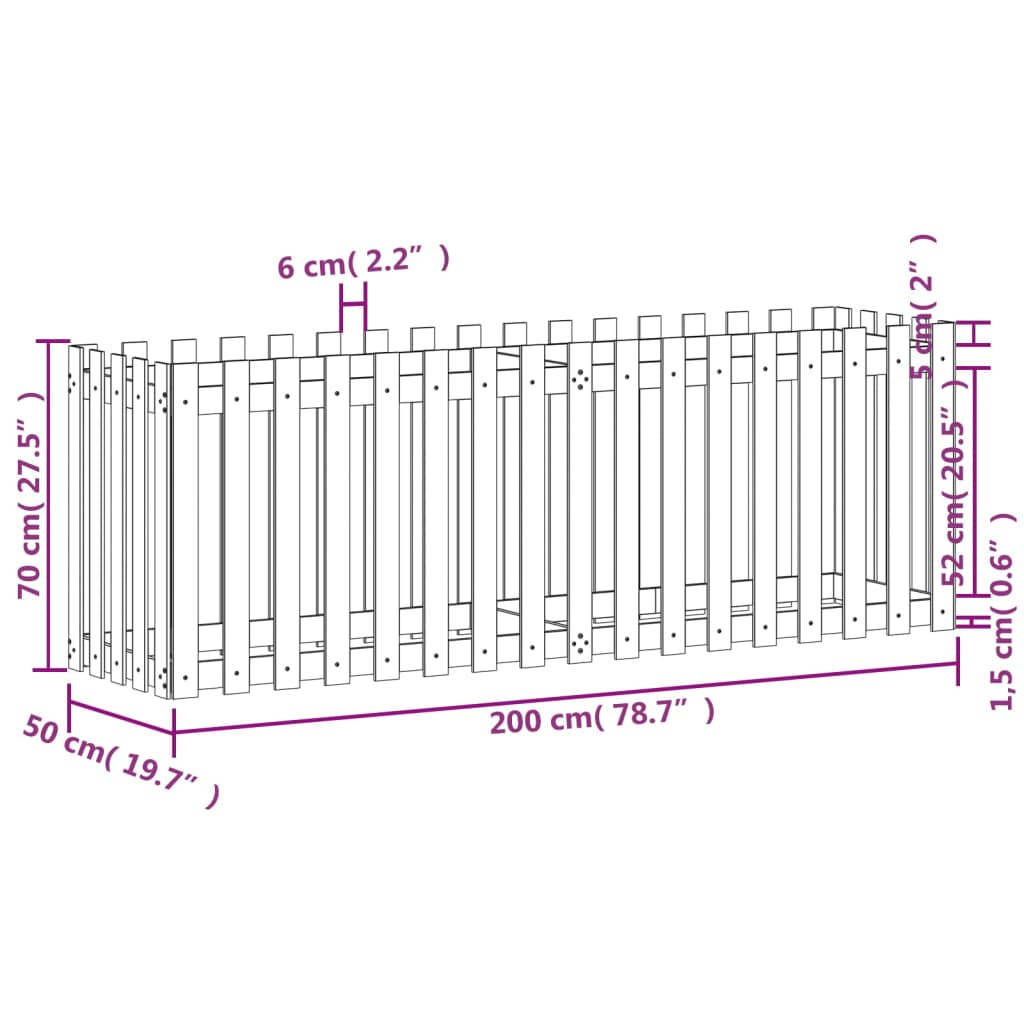 Høybed med gjerdedesign 200x50x70 cm heltre furu
