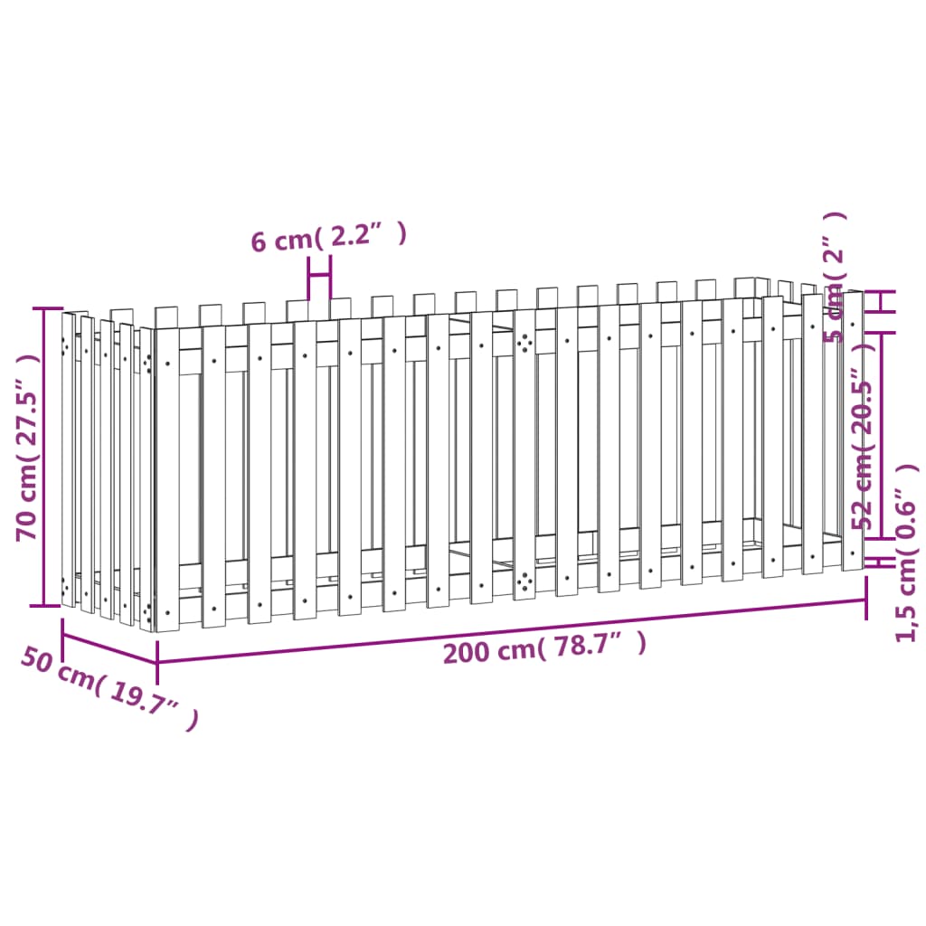 Høybed med gjerdedesign hvit 200x50x70 cm heltre furu