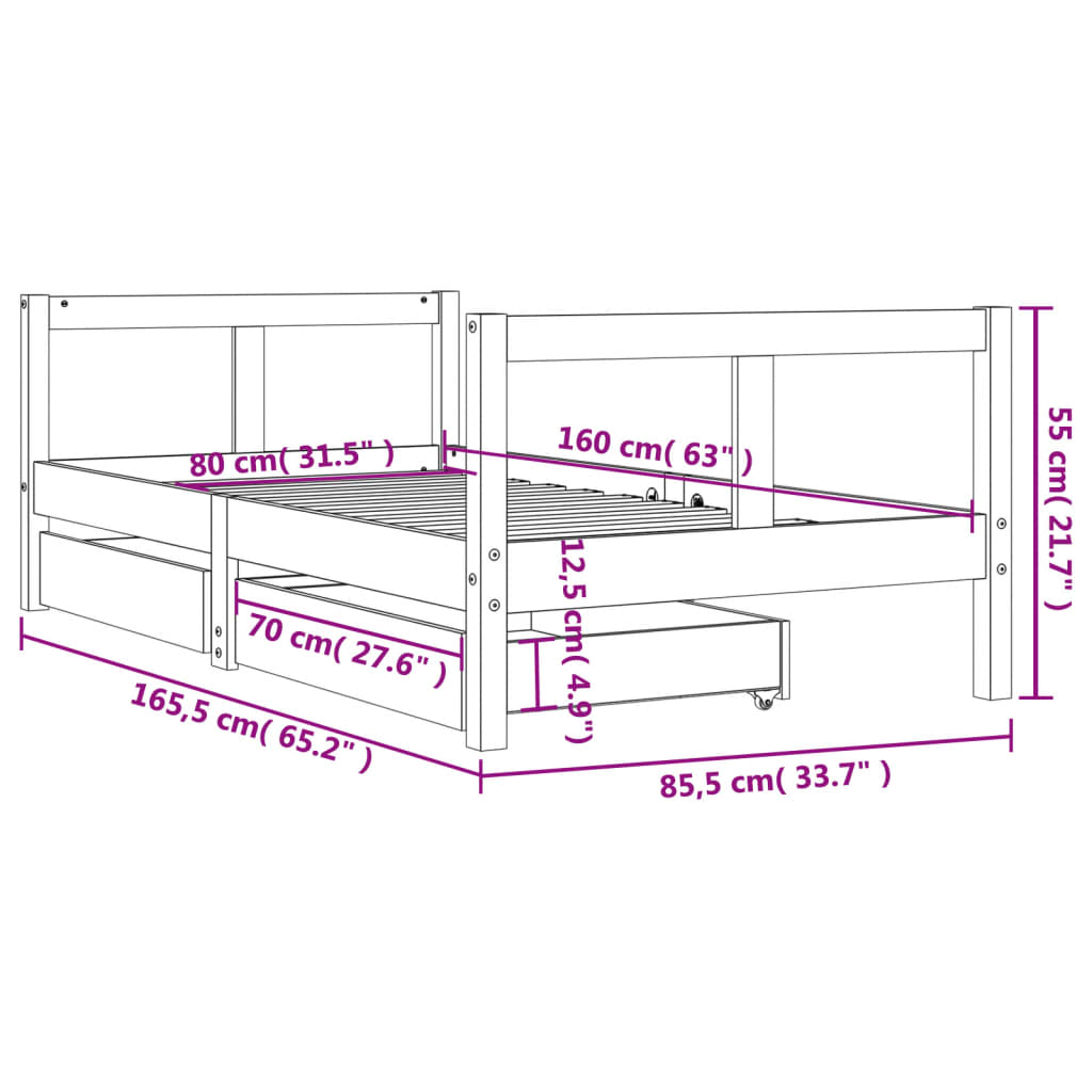 Barnesengeramme med skuffer svart 80x160 cm heltre furu