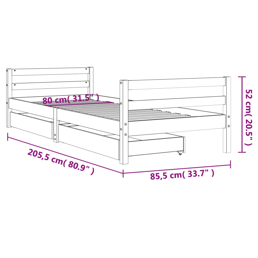 Barnesengeramme med skuffer 80x200 cm heltre furu