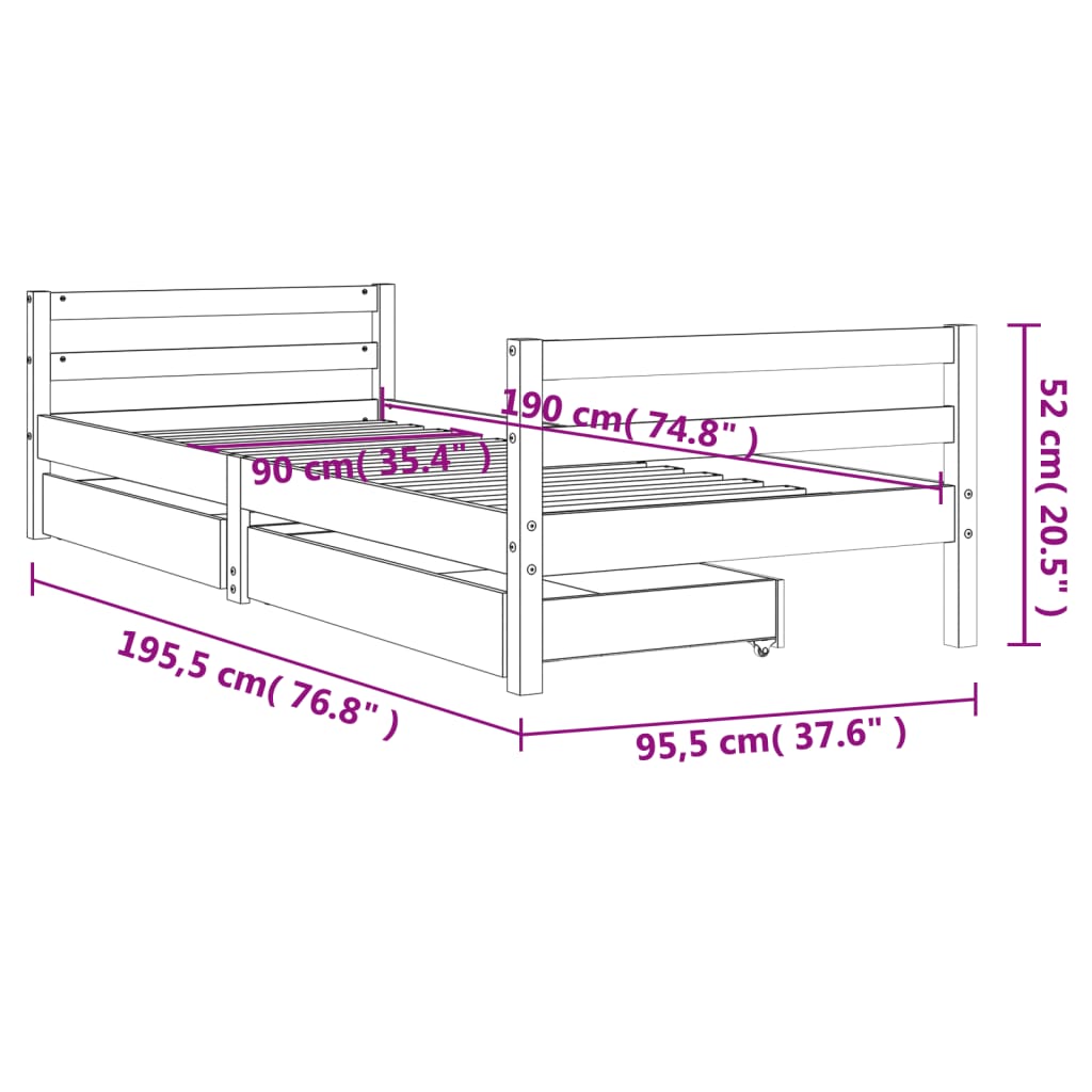 Barnesengeramme med skuffer hvit 90x190 cm heltre furu