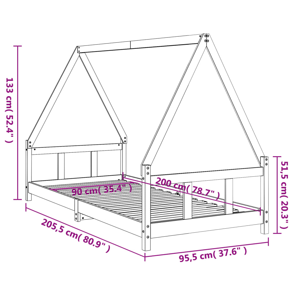 Barnesengeramme hvit 90x200 cm heltre furu