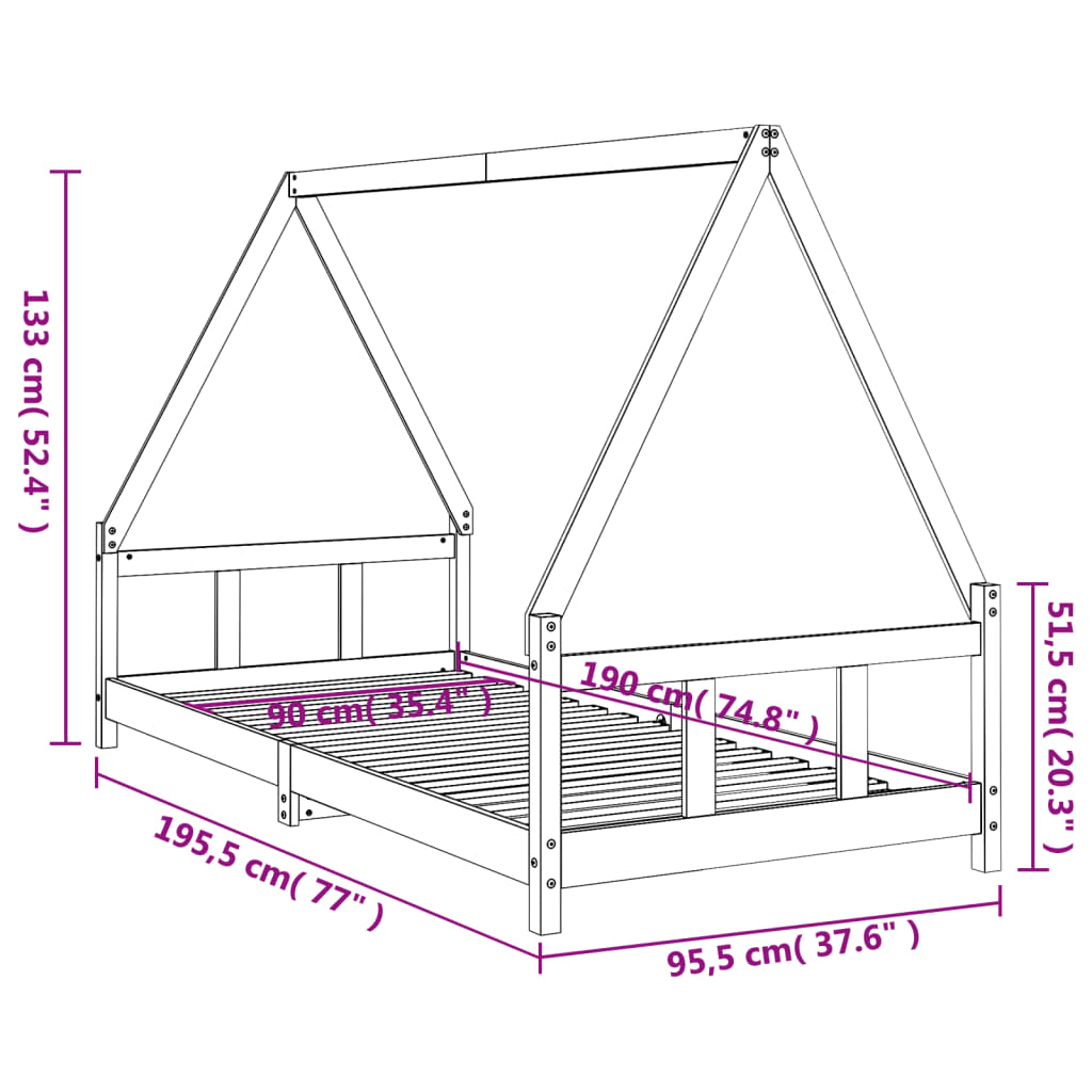 Barnesengeramme hvit 90x190 cm heltre furu