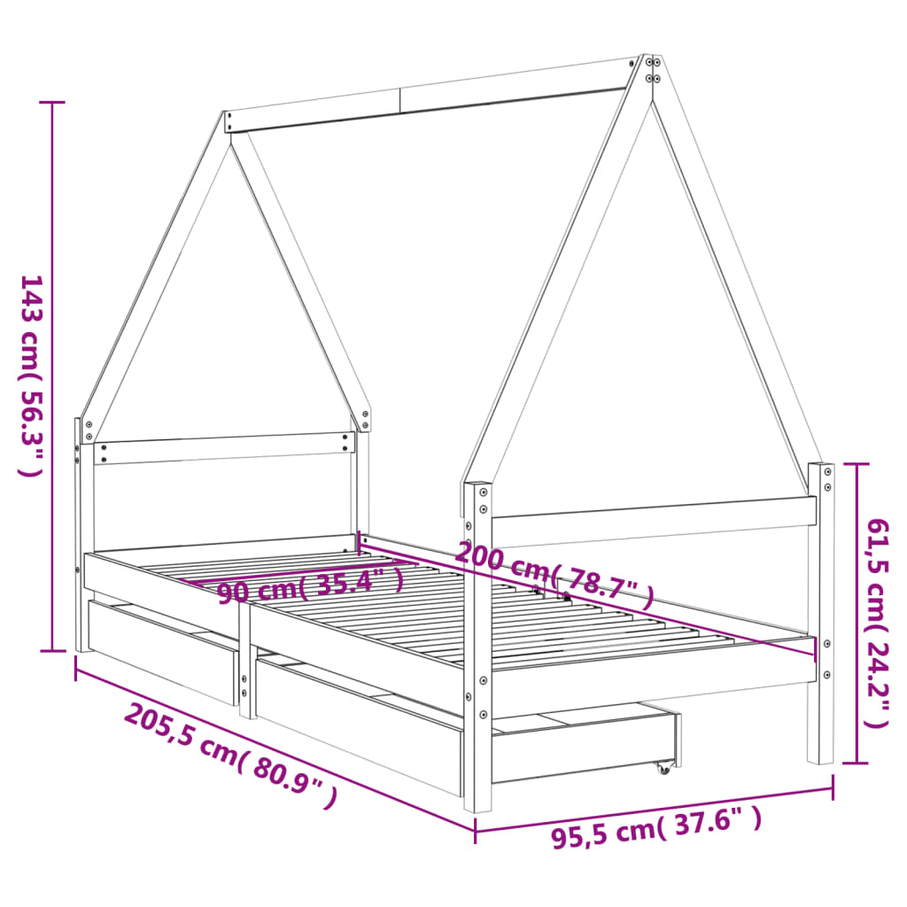 Barnesengeramme med skuffer svart 90x200 cm heltre furu