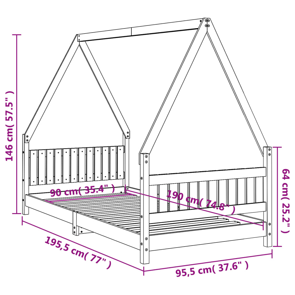 Barnesengeramme hvit 90x190 cm heltre furu