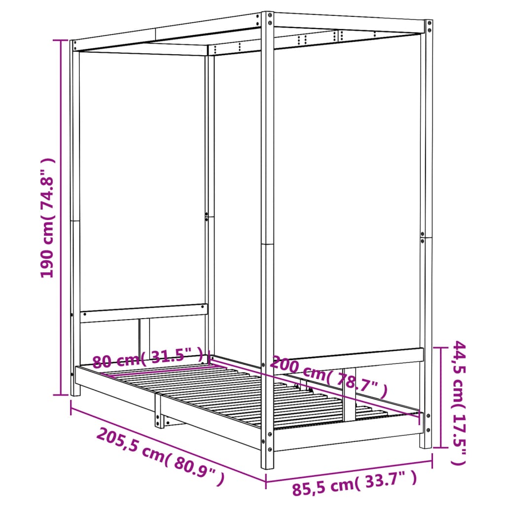 Barnesengeramme hvit 80x200 cm heltre furu