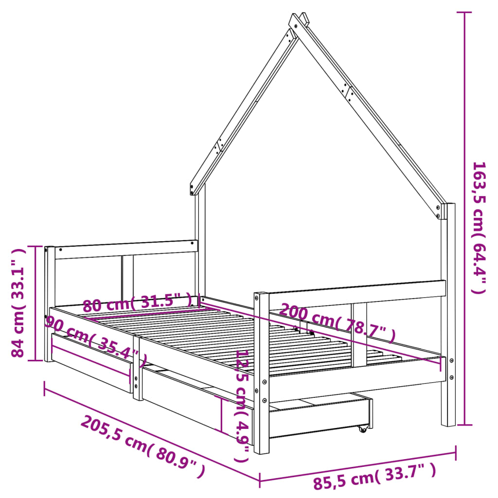 Barnesengeramme med skuffer hvit 80x200 cm heltre furu
