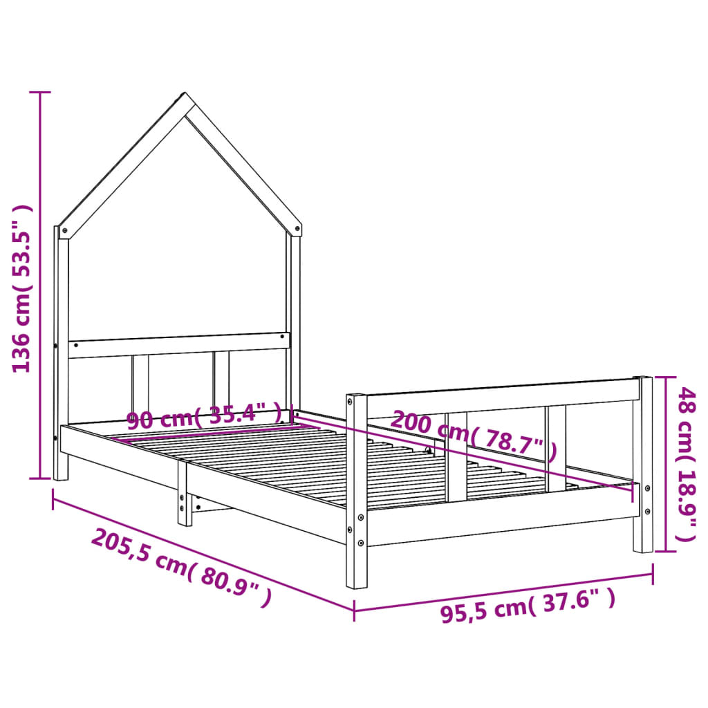 Barnesengeramme hvit 90x200 cm heltre furu