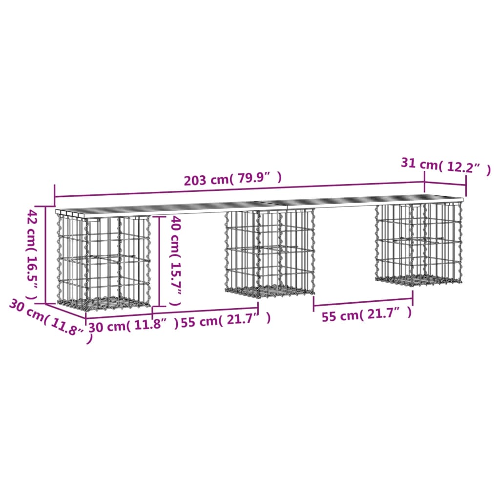 Hagebenk gabiondesign 203x31x42 cm impregnert furu