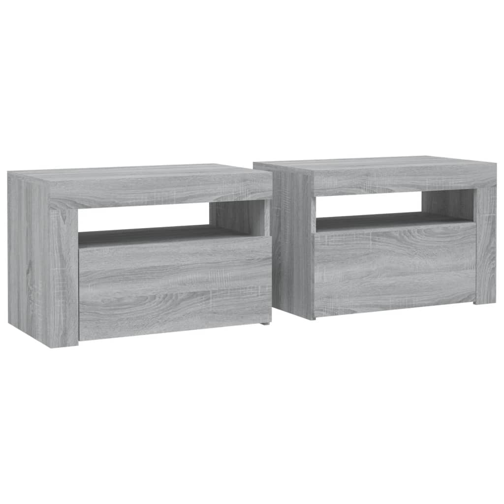 Nattbord 2 stk med LED-lys grå sonoma 60x35x40 cm