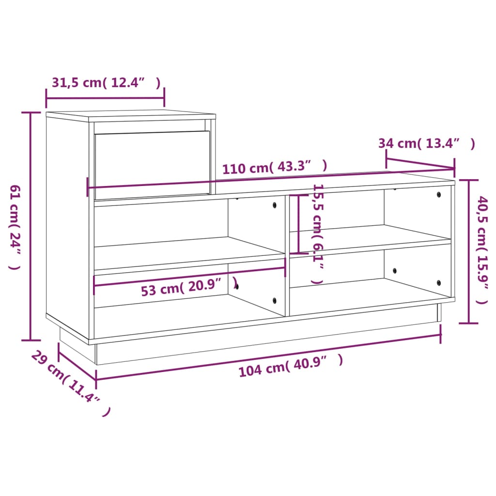 Skohylle 110x34x61 cm heltre furu