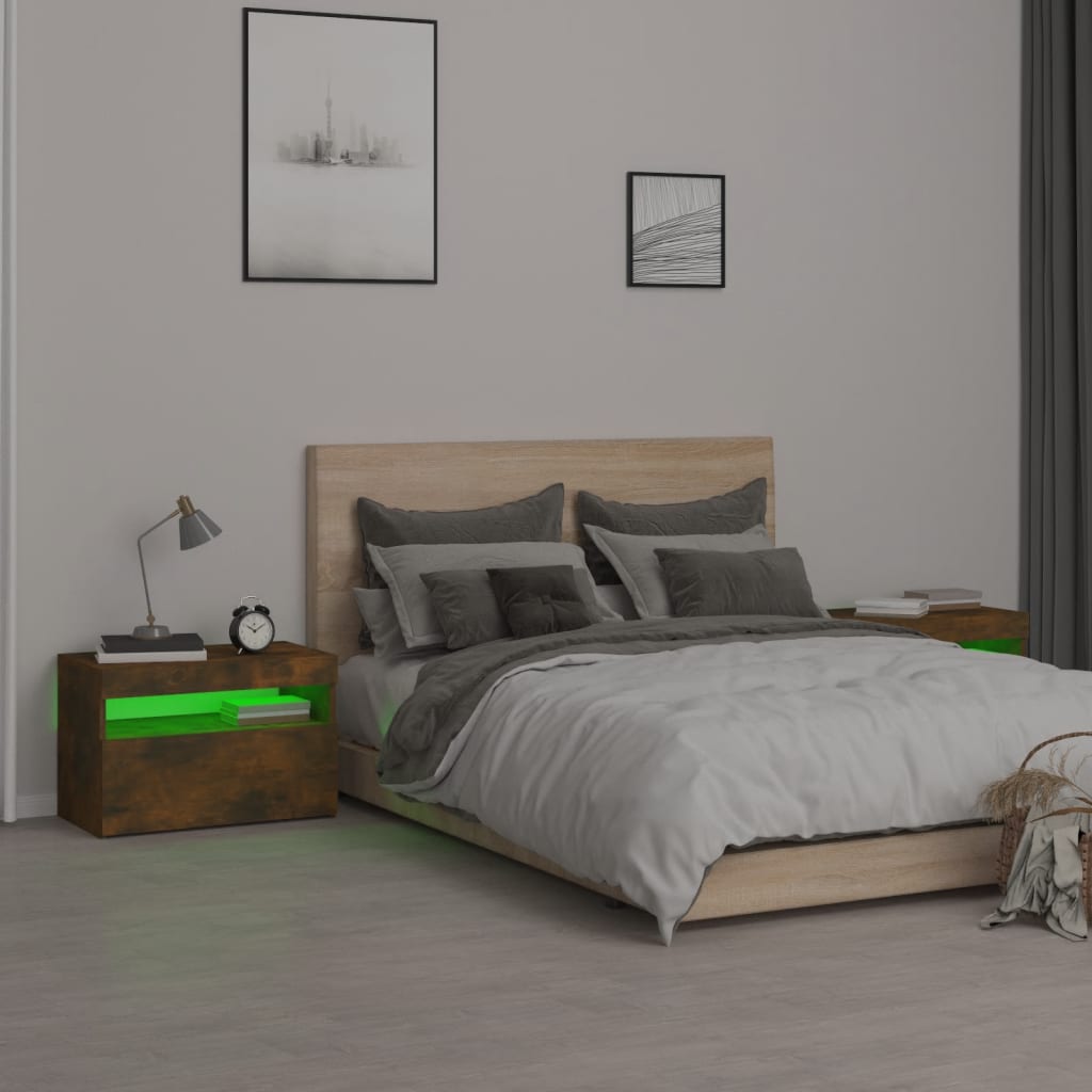 Nattbord 2 stk med LED røkt eik 60x35x40 cm