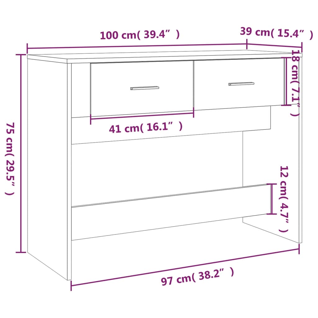 Konsollbord hvit 100x39x75 cm konstruert tre