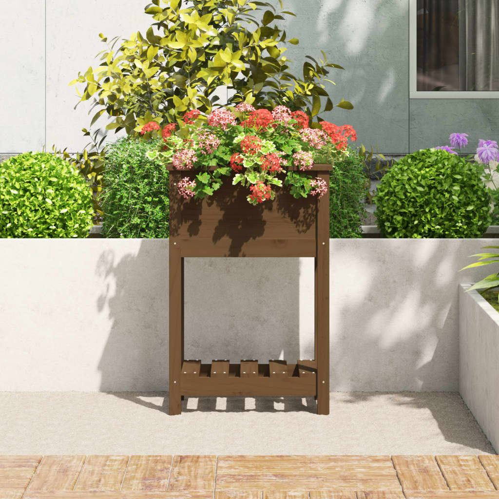Plantekasse med hylle honningbrun 54x34,5x81 cm heltre furu