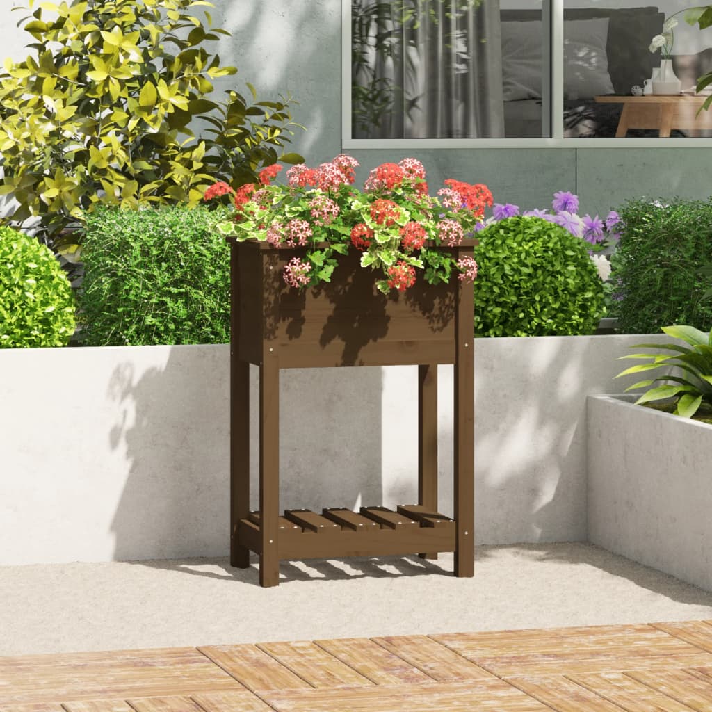 Plantekasse med hylle honningbrun 54x34,5x81 cm heltre furu
