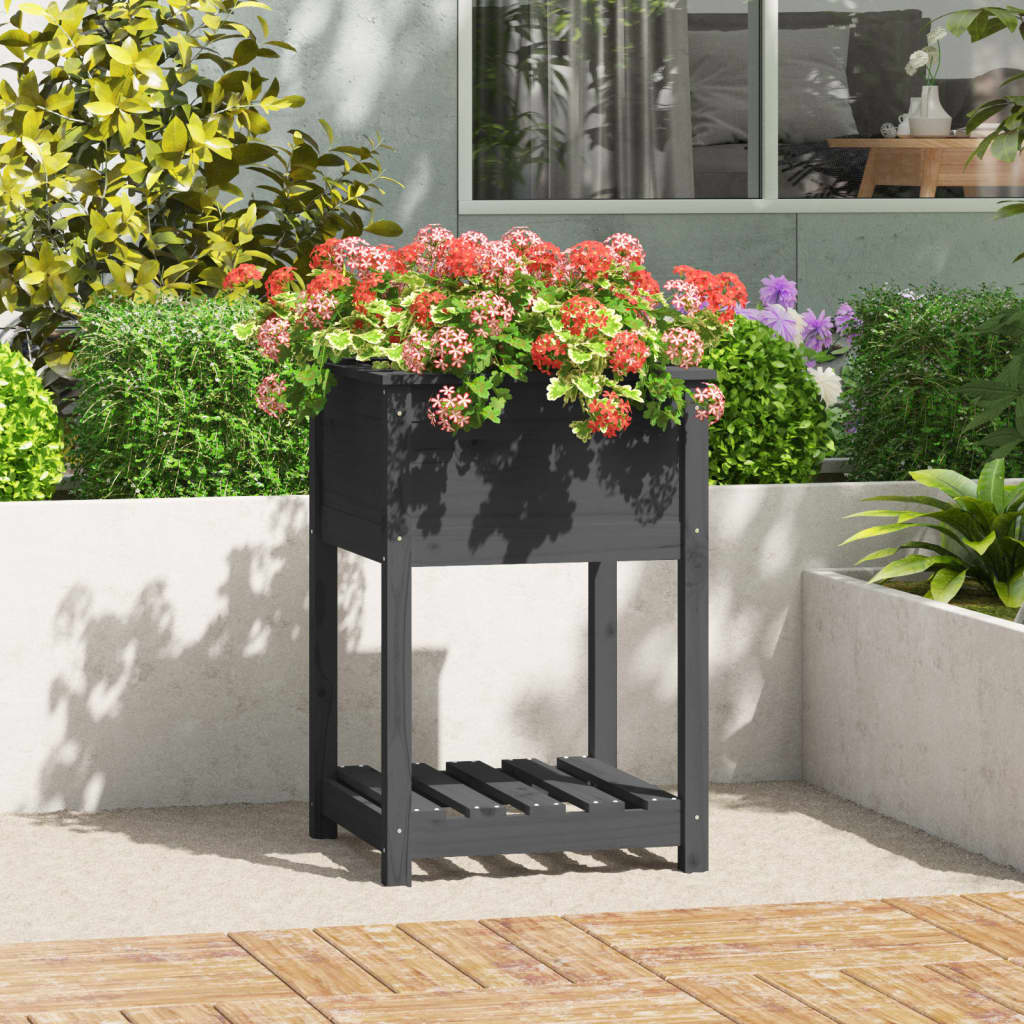 Plantekasse med hylle grå 54x54x81 cm heltre furu