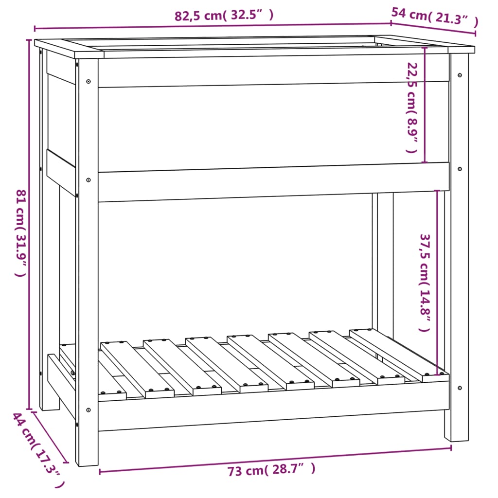 Plantekasse med hylle svart 82,5x54x81 cm heltre furu