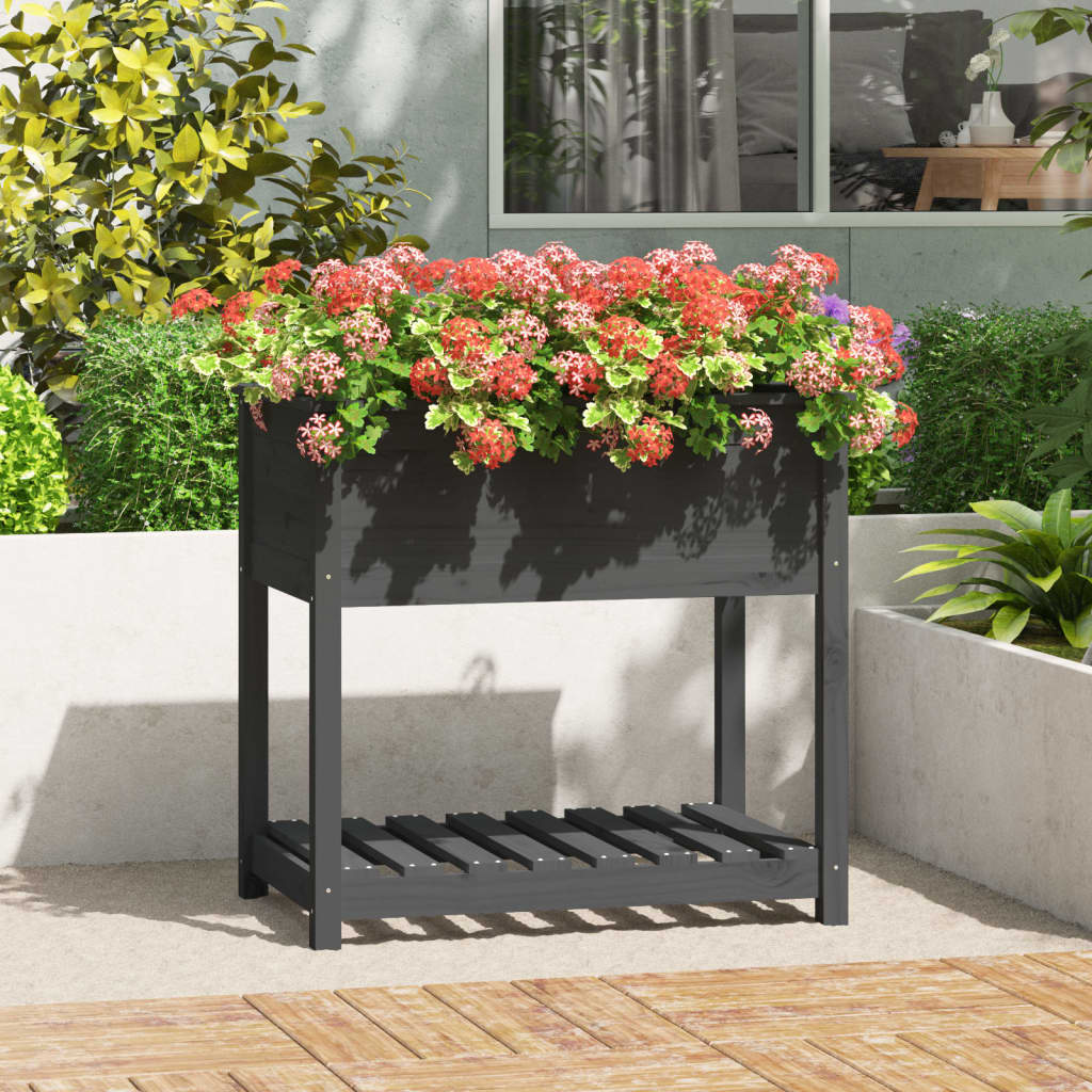 Plantekasse med hylle svart 82,5x54x81 cm heltre furu