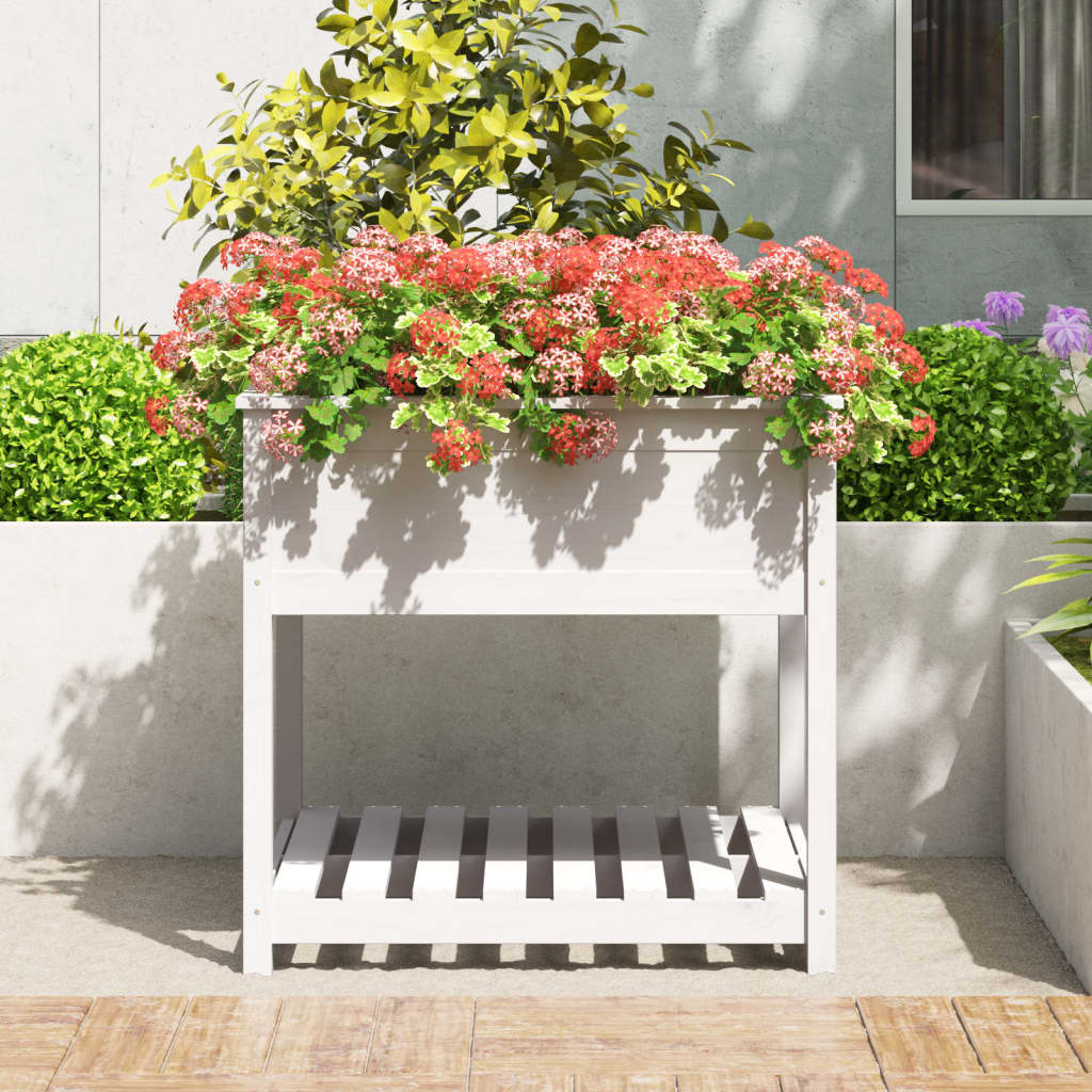 Plantekasse med hylle hvit 82,5x82,5x81 cm heltre furu