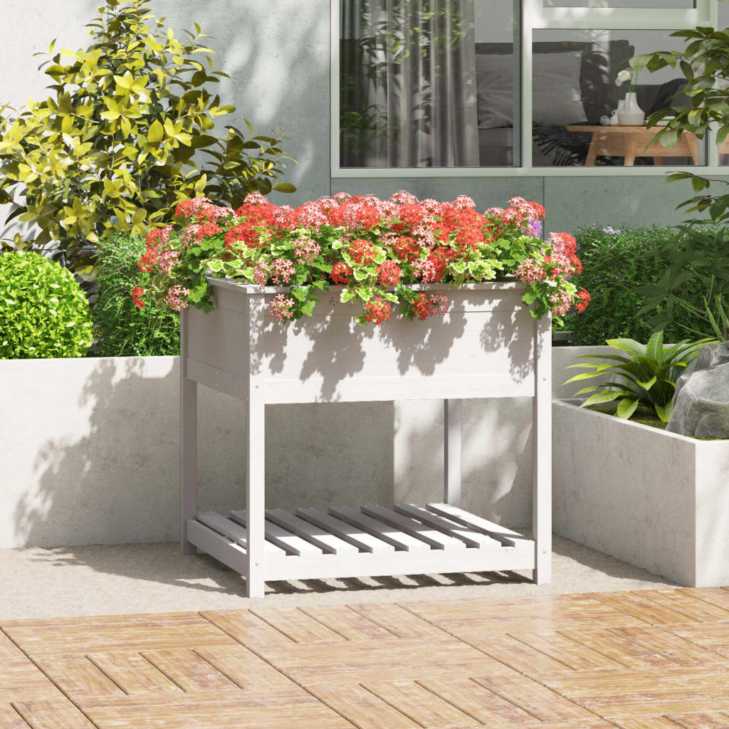 Plantekasse med hylle hvit 82,5x82,5x81 cm heltre furu