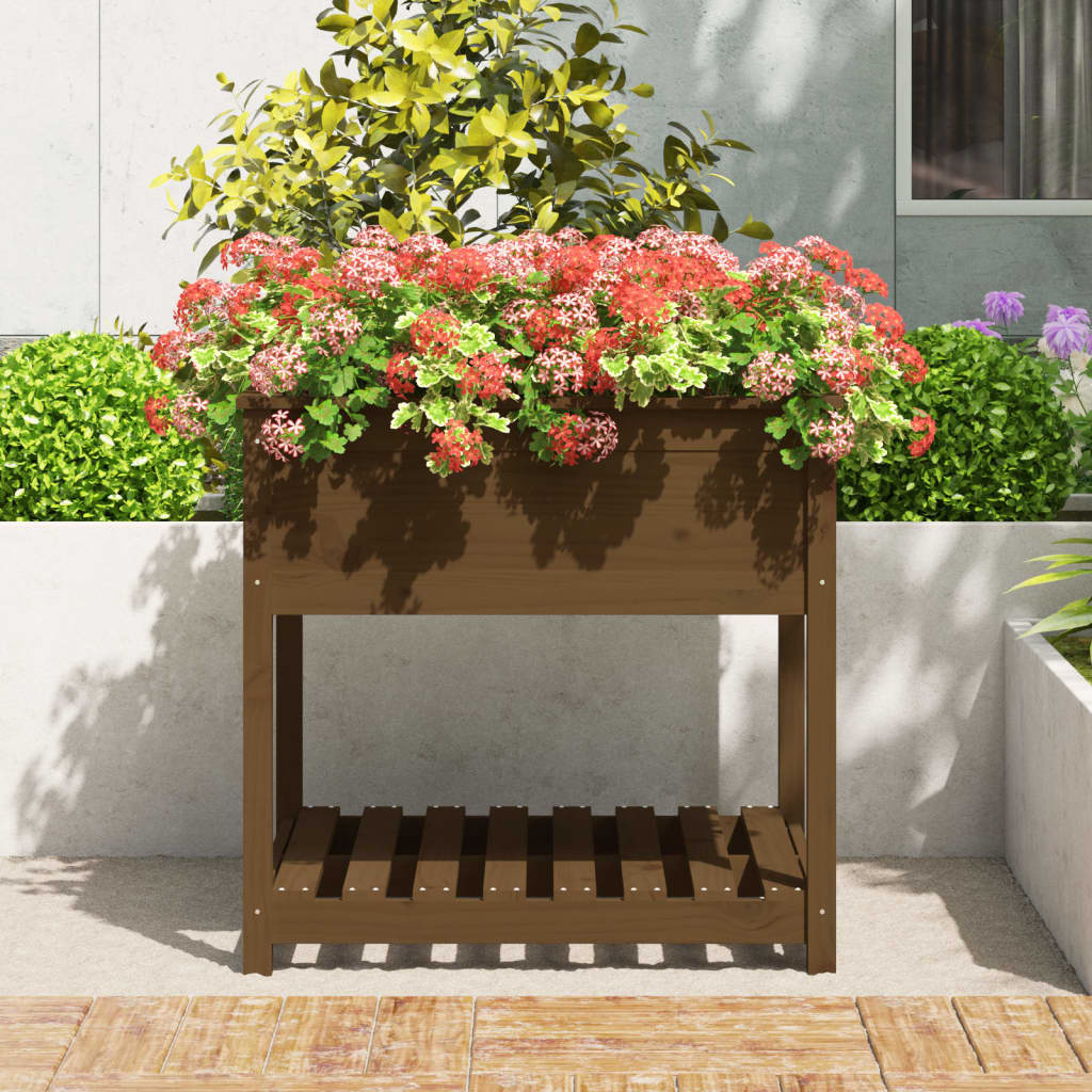 Plantekasse med hylle honningbrun 82,5x82,5x81 cm heltre furu