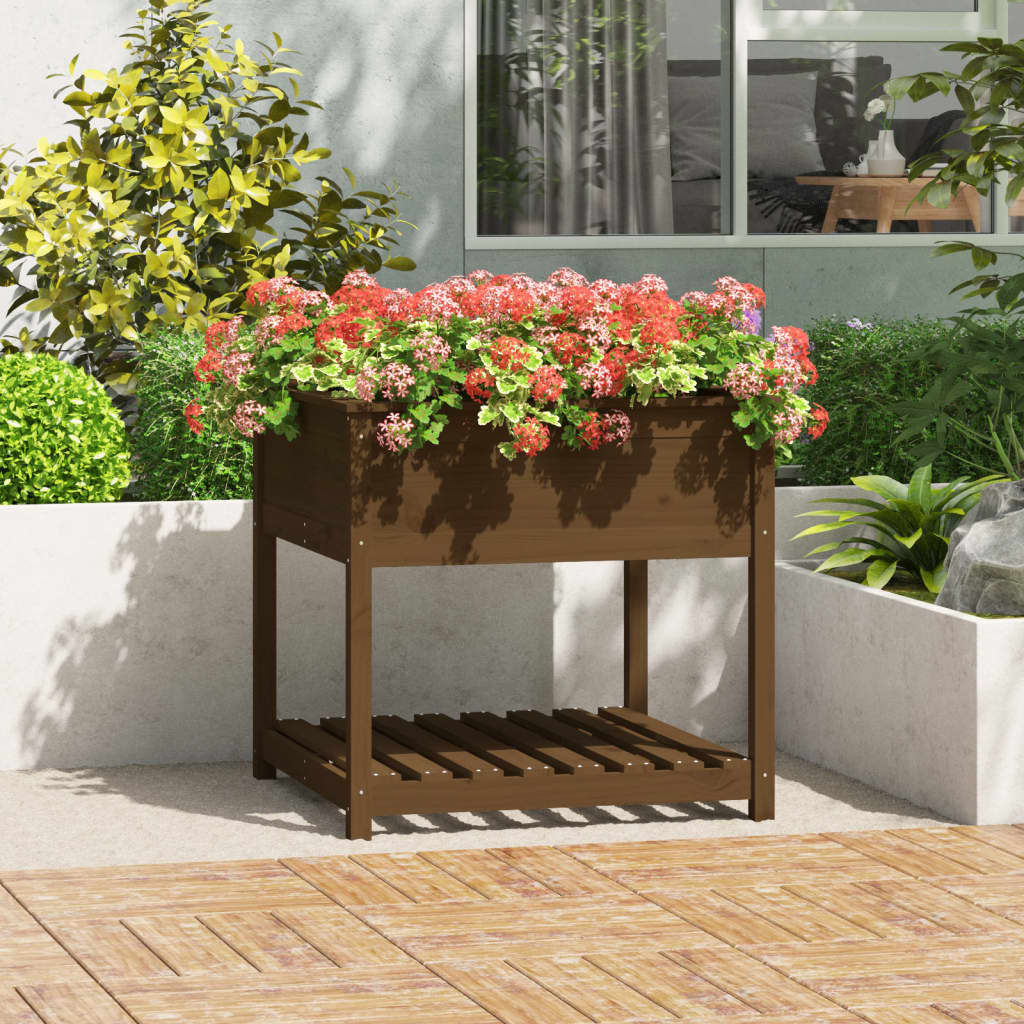 Plantekasse med hylle honningbrun 82,5x82,5x81 cm heltre furu