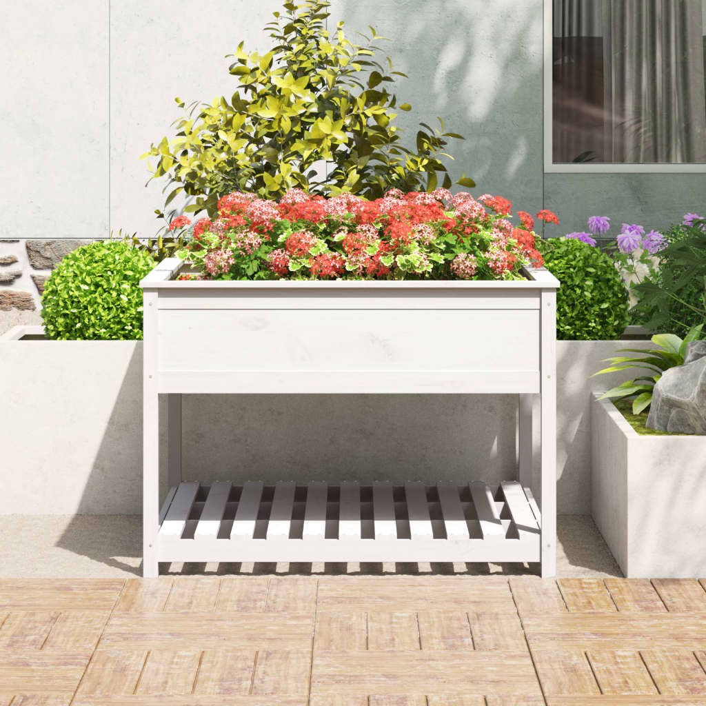 Plantekasse med hylle hvit 111,5x111,5x81 cm heltre furu