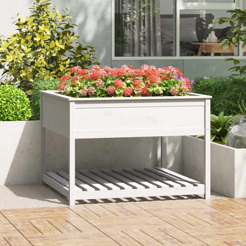 Plantekasse med hylle hvit 111,5x111,5x81 cm heltre furu