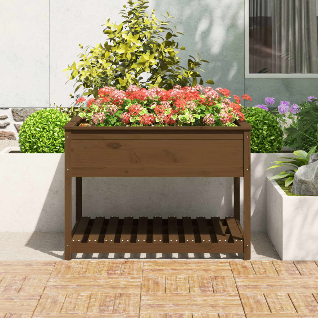Plantekasse med hylle honningbrun 111,5x111,5x81 cm heltre furu