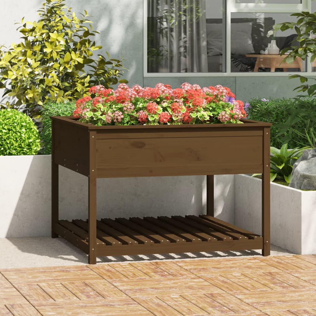 Plantekasse med hylle honningbrun 111,5x111,5x81 cm heltre furu