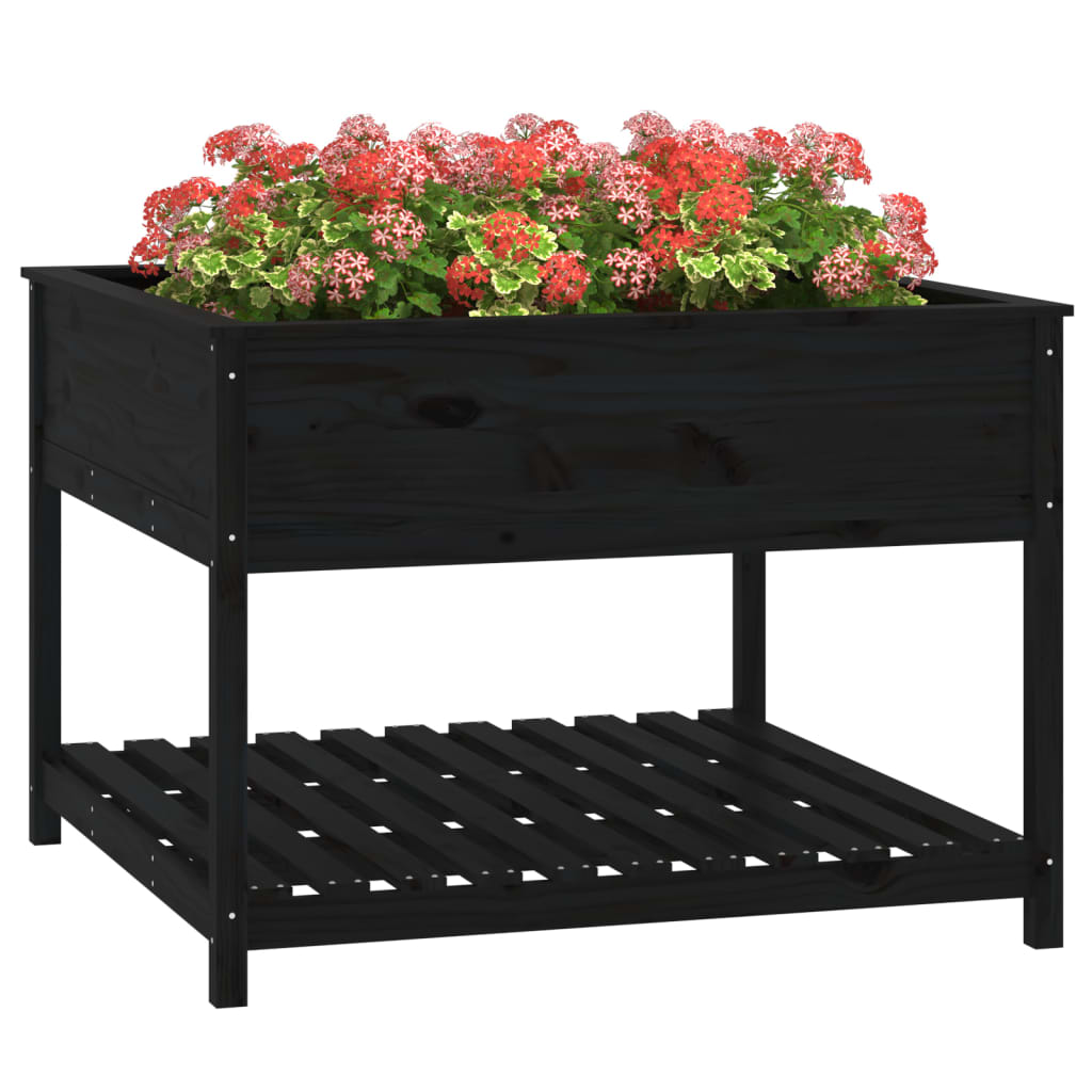 Plantekasse med hylle svart 111,5x111,5x81 cm heltre furu