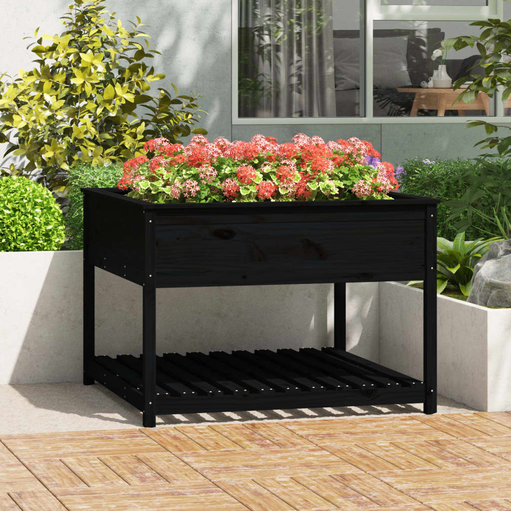 Plantekasse med hylle svart 111,5x111,5x81 cm heltre furu