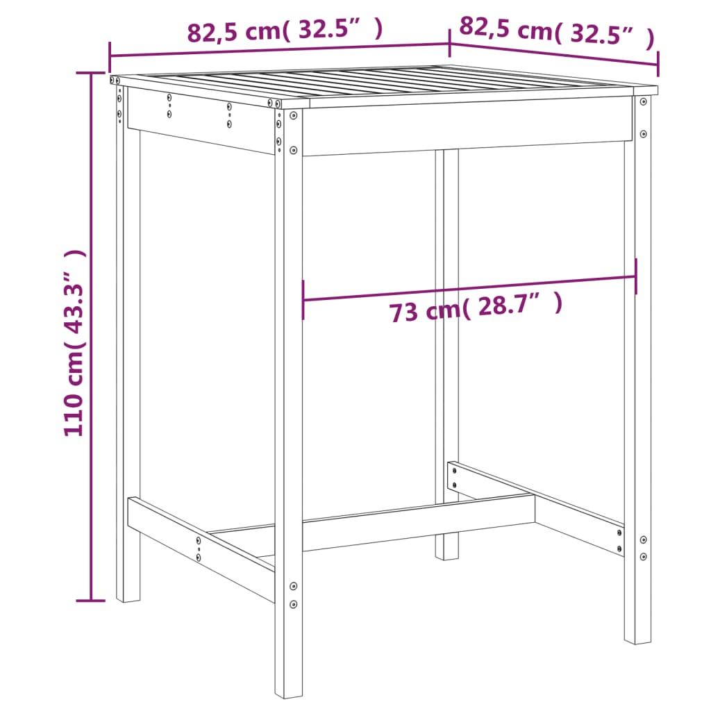 Hagebord 82,5x82,5x110 cm heltre furu