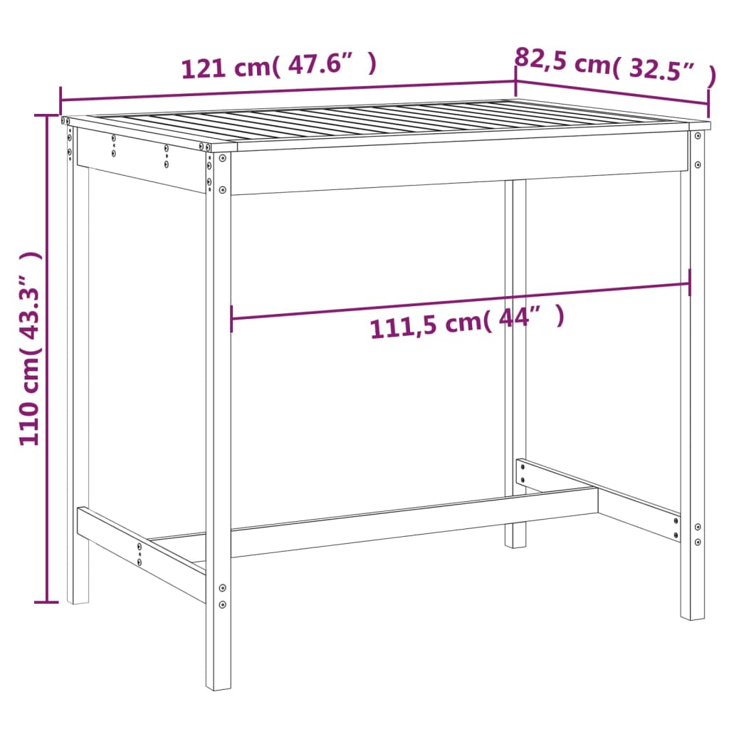 Hagebord 121x82,5x110 cm heltre furu