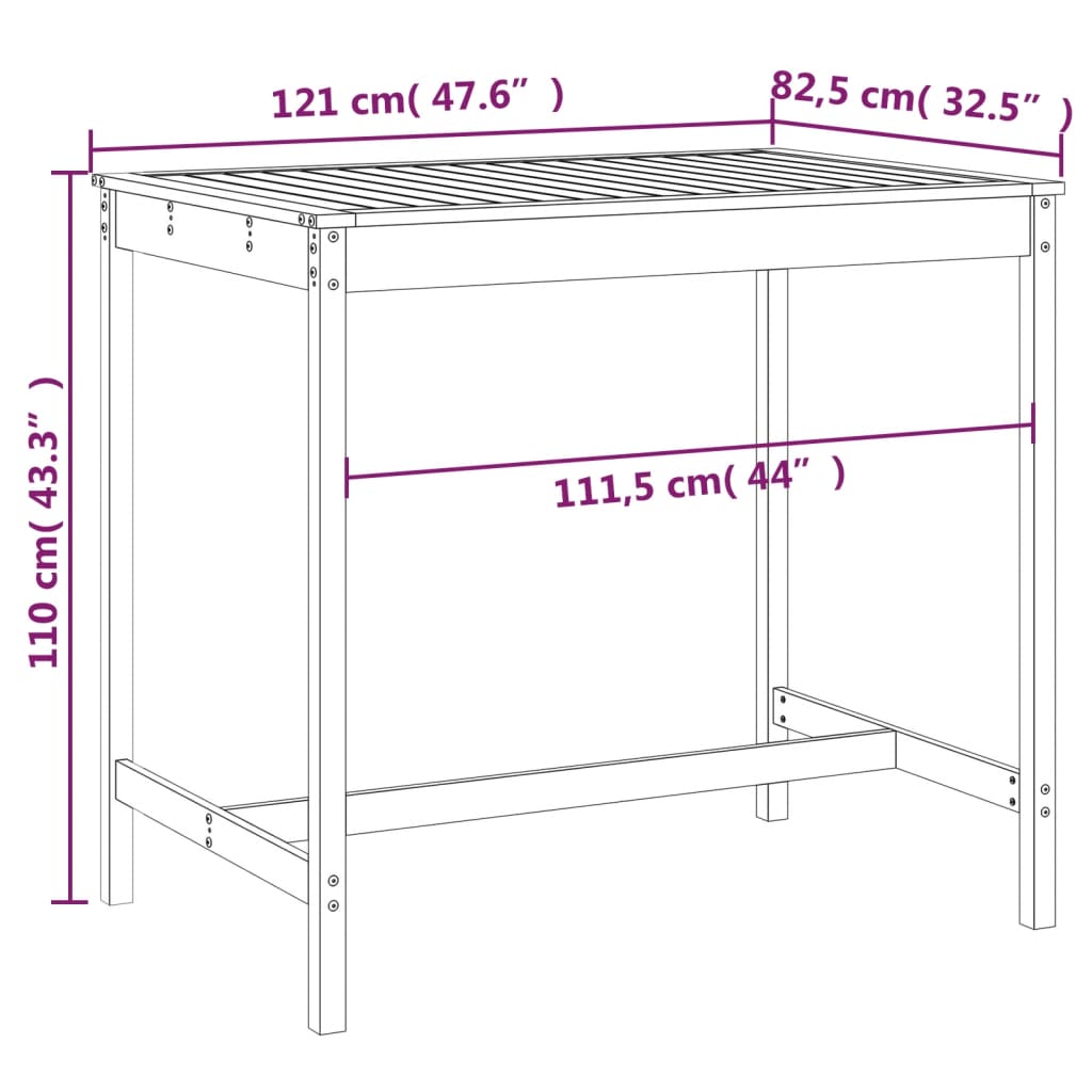 Hagebord grå 121x82,5x110 cm heltre furu