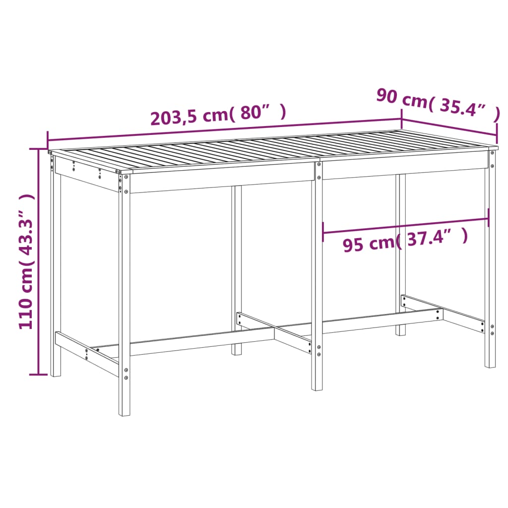 Hagebord hvit 203,5x90x110 cm heltre furu